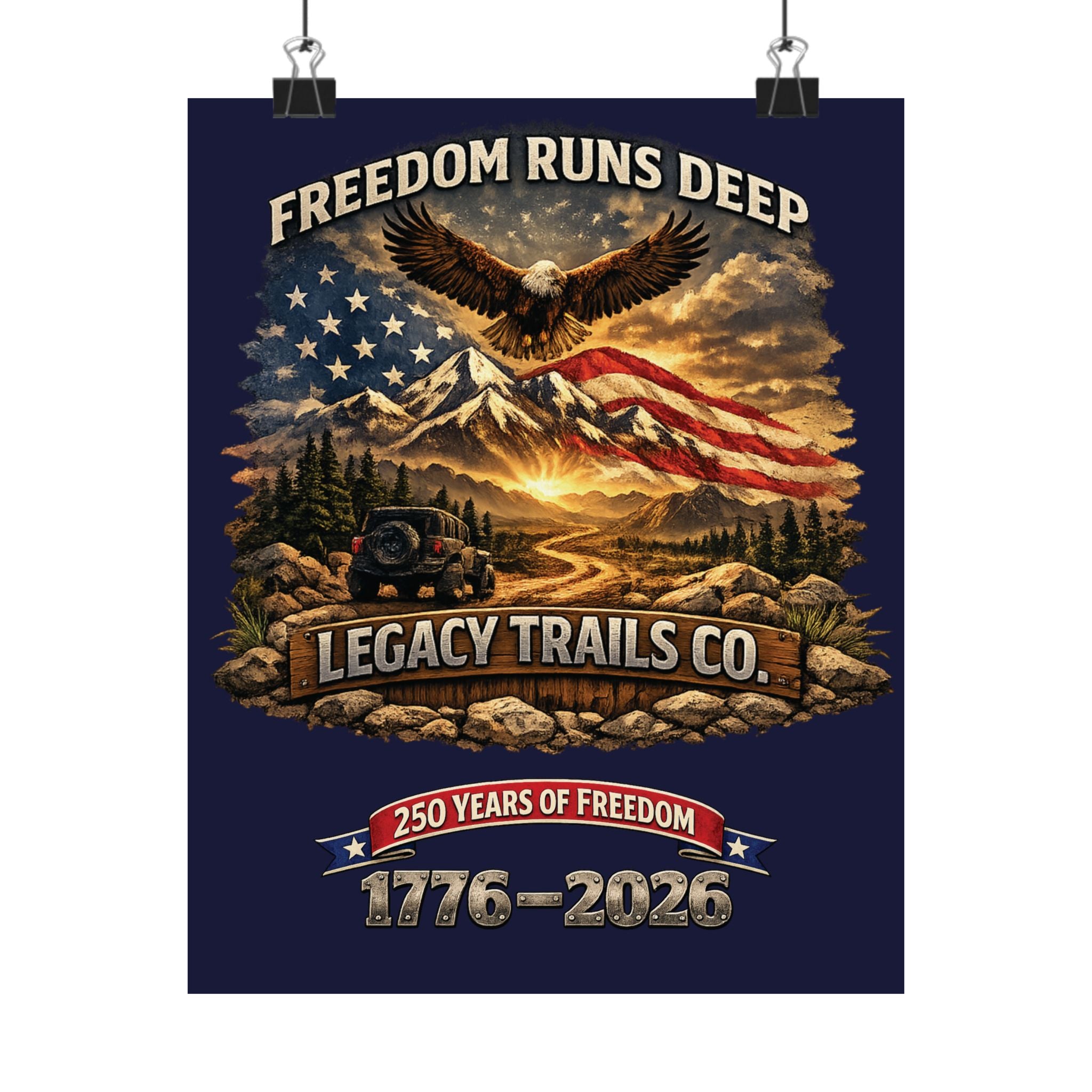 Freedom Runs Deep Matte Poster — "Legacy Trails Co. 1776–2026" Patriotic Wall Art