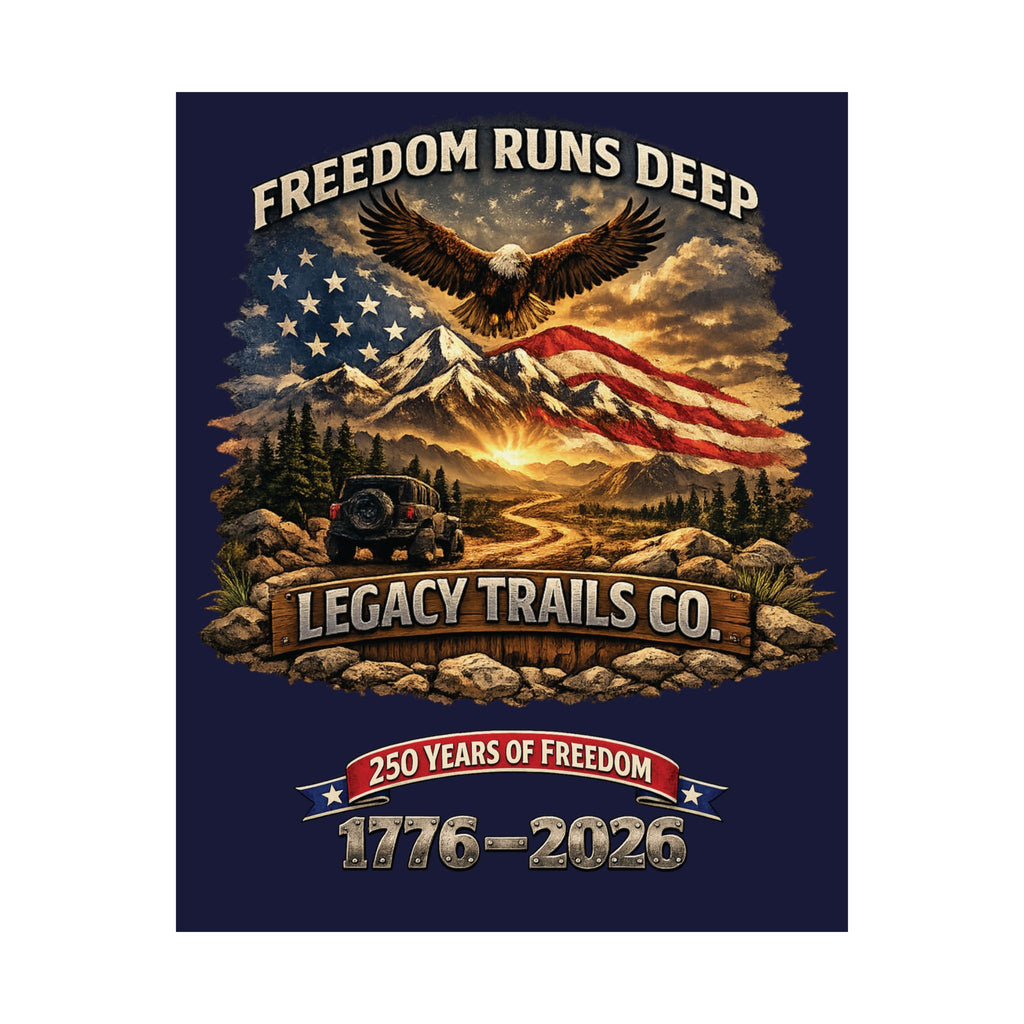Freedom Runs Deep Matte Poster — "Legacy Trails Co. 1776–2026" Patriotic Wall Art