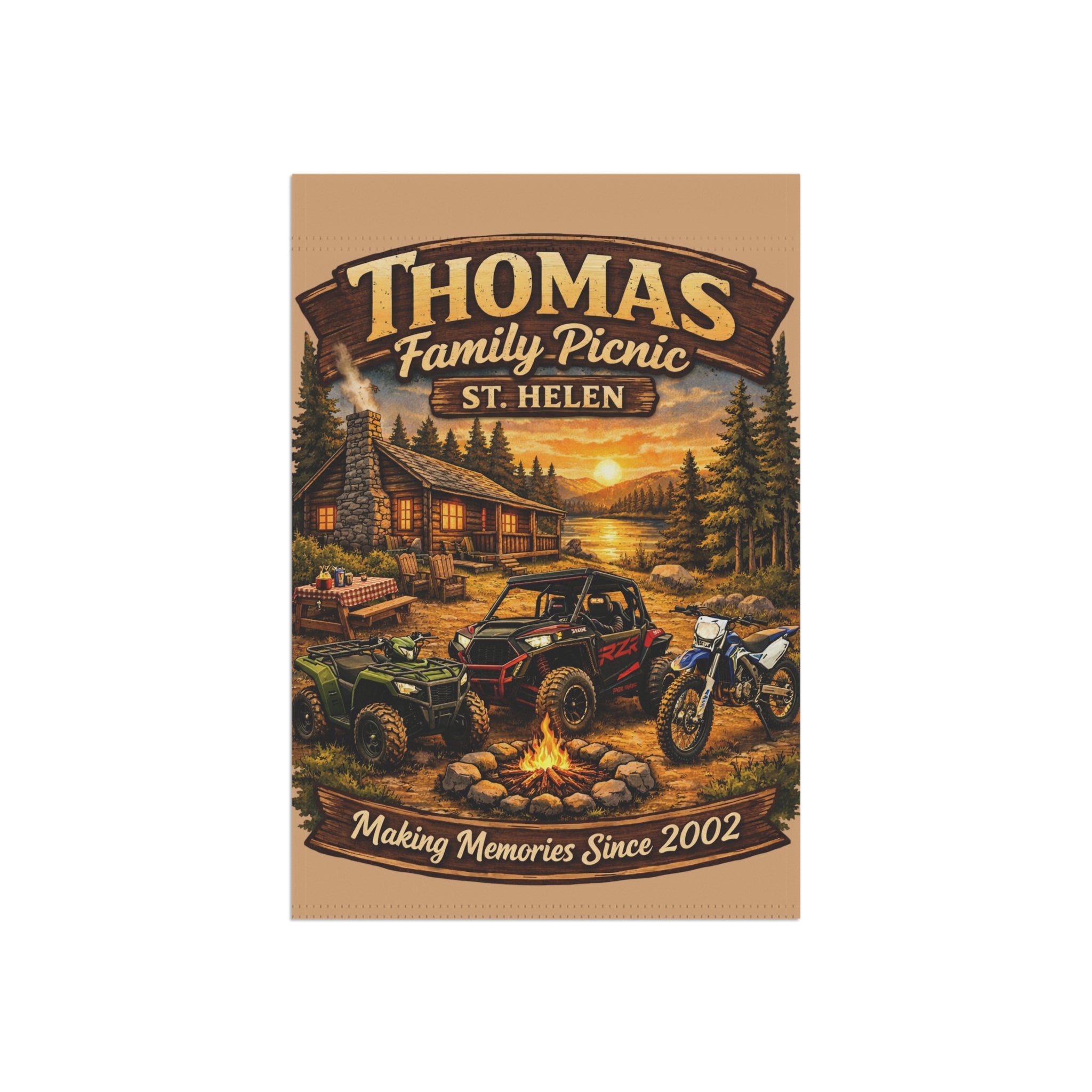 Garden Flag — Personalized "Thomas Family Picnic: Making Memories Since 2002" Rustic Cabin Off-Road Design