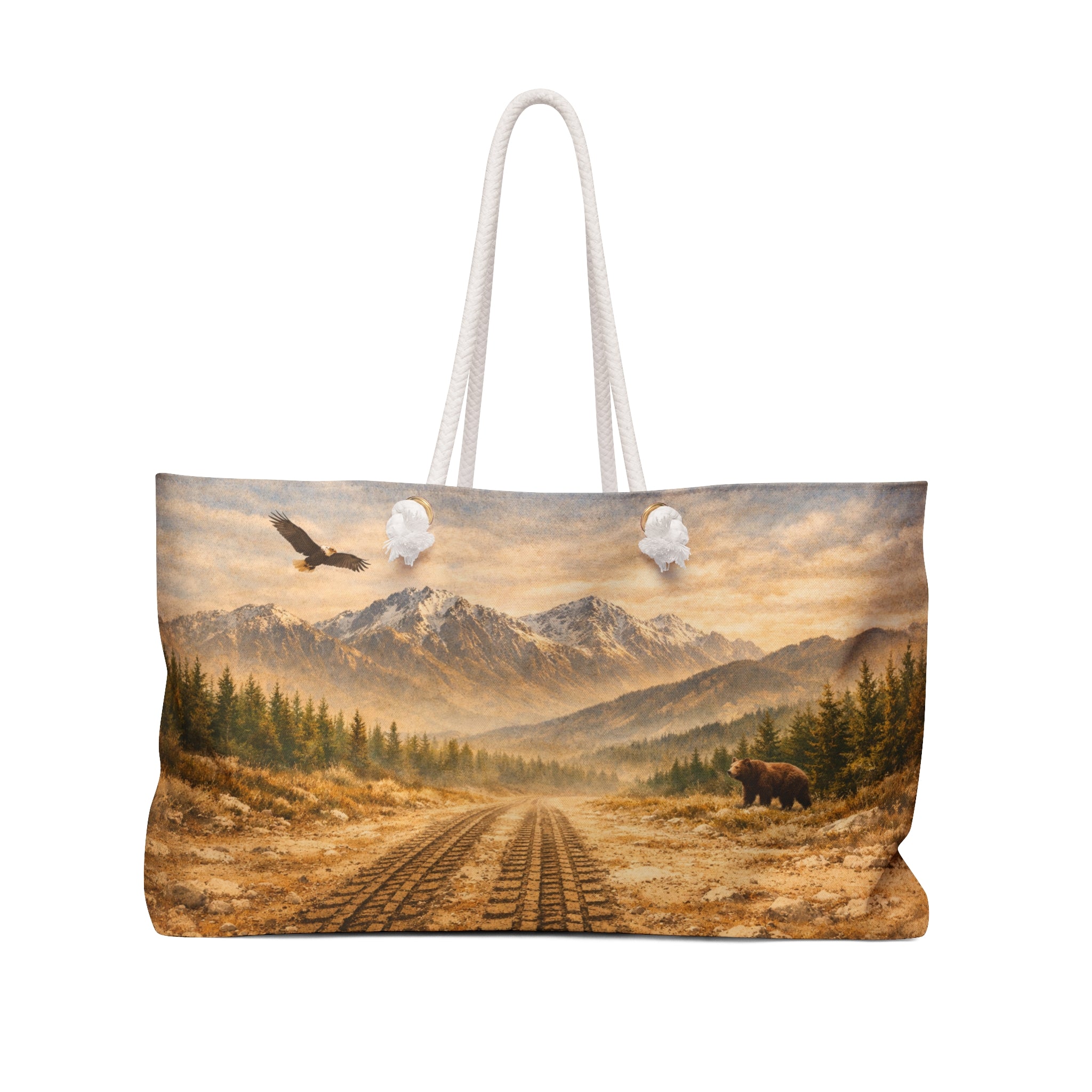 Mountain Wilderness Weekender Bag — Scenic Train Tracks, Eagle & Bear Travel Tote