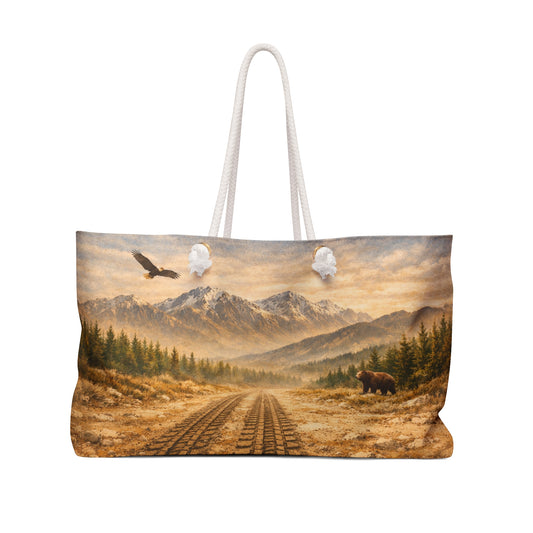 Mountain Wilderness Weekender Bag — Scenic Train Tracks, Eagle & Bear Travel Tote