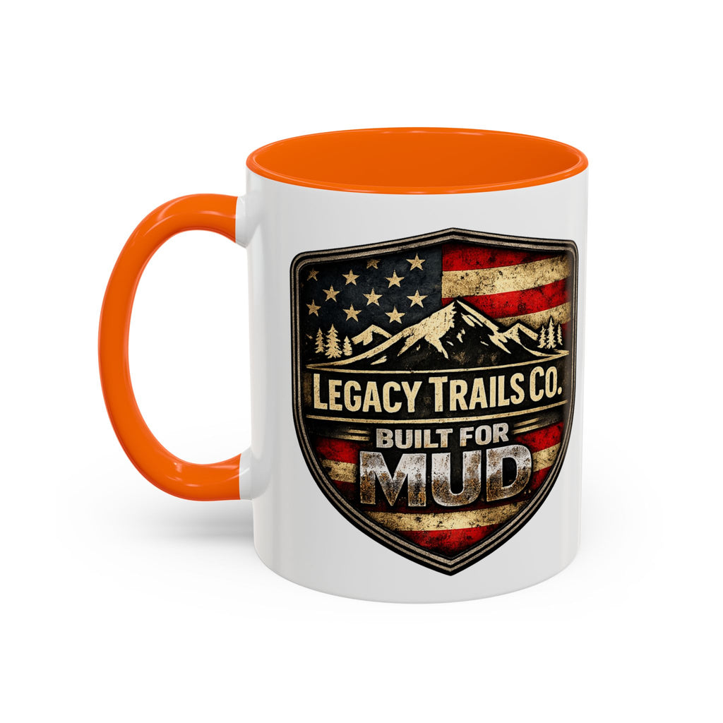 Built for Mud Coffee Mug — Legacy Trails Co. Vintage Off‑Road Flag Design