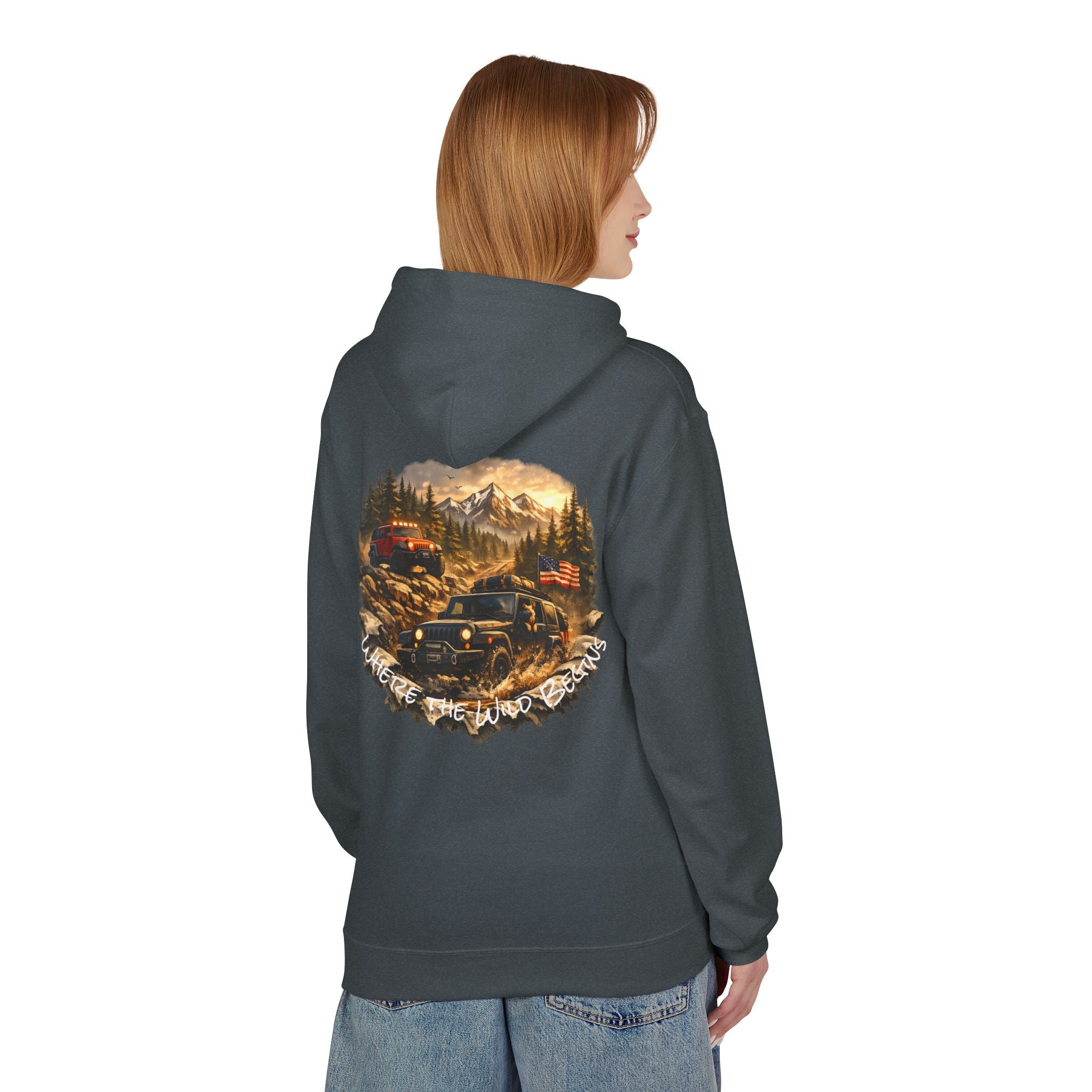 Off‑Road Adventure Hoodie — Vintage Jeep Mountain Camp Graphic