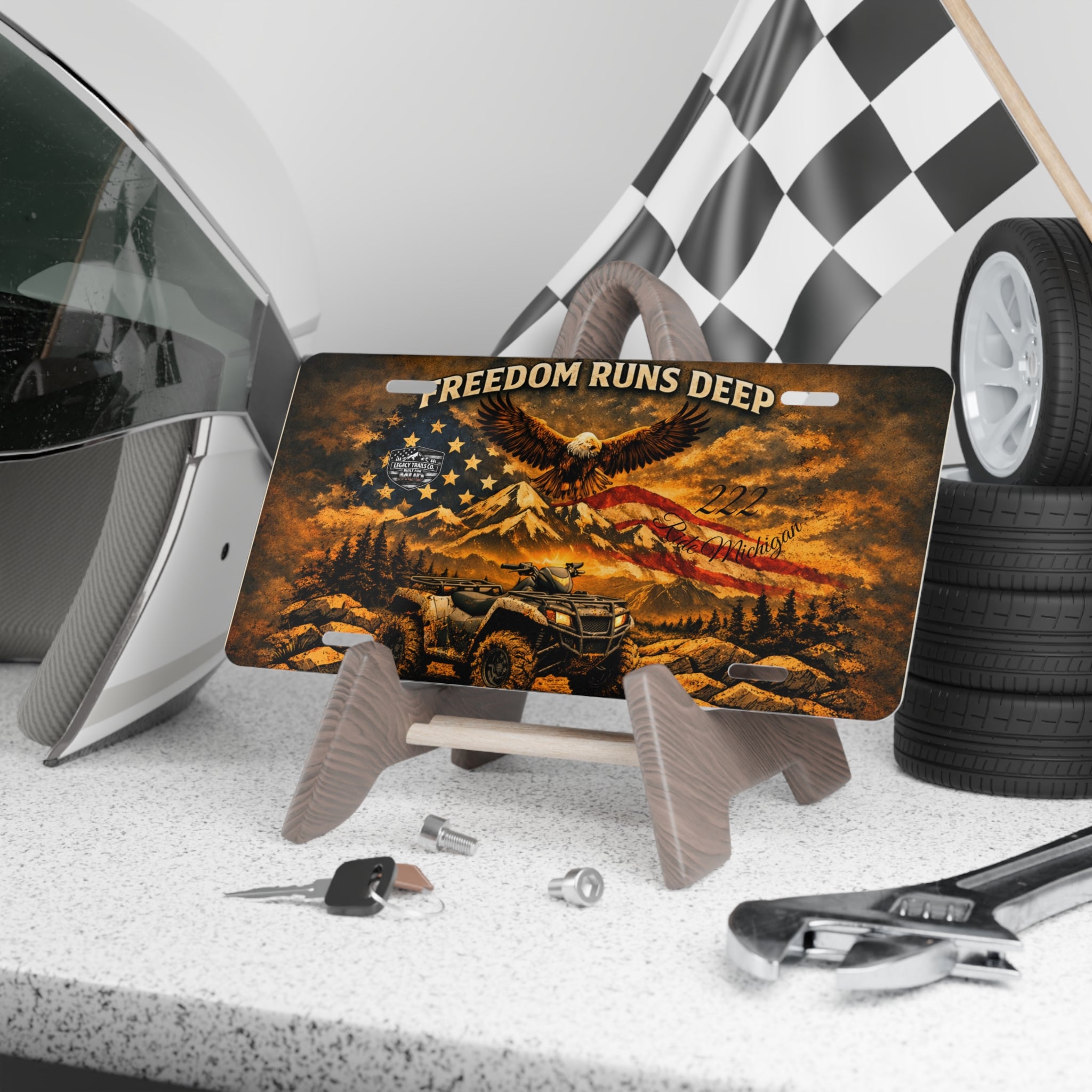 Freedom Runs Deep Patriotic License Plate — Eagle, ATV & American Flag
