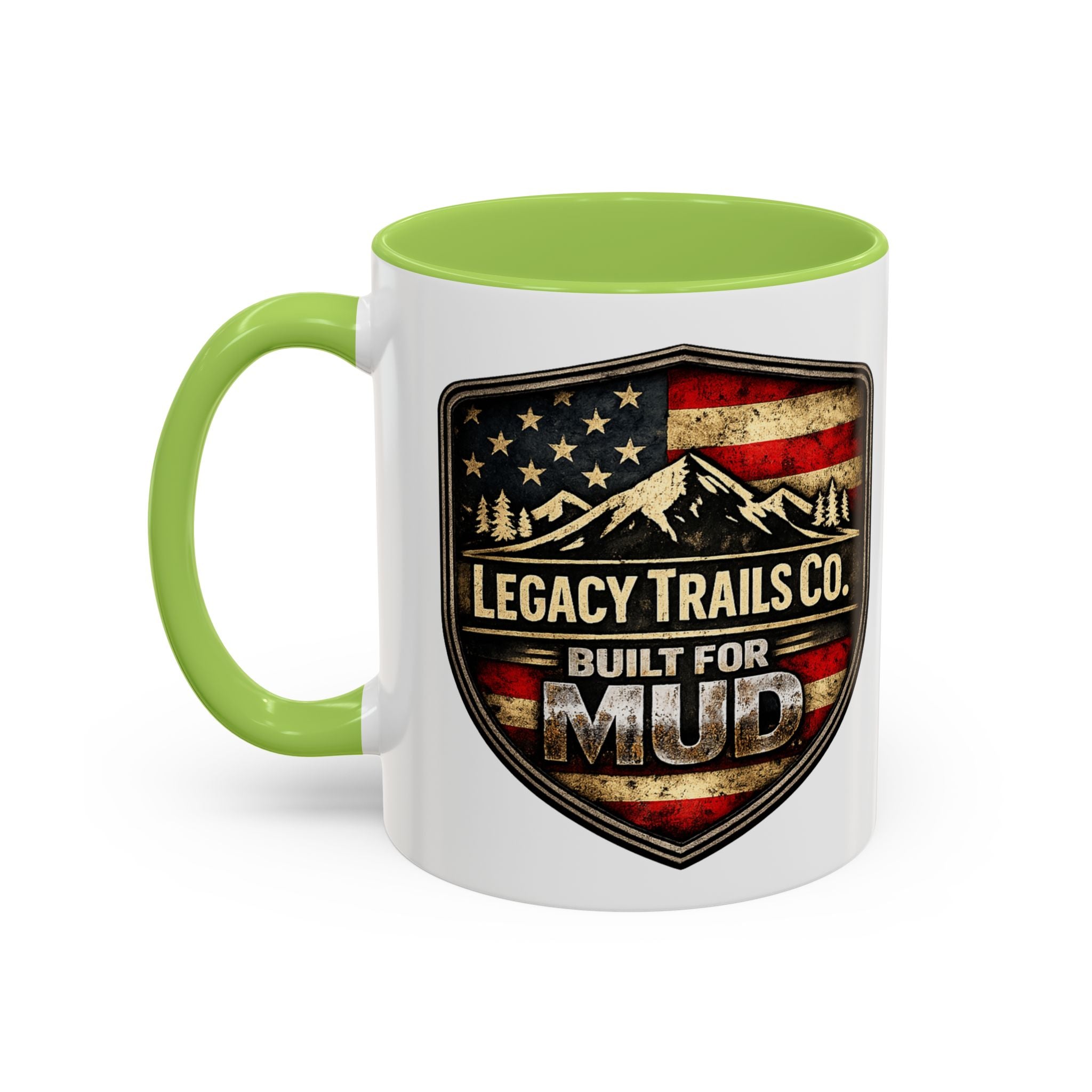 Built for Mud Coffee Mug — Legacy Trails Co. Vintage Off‑Road Flag Design