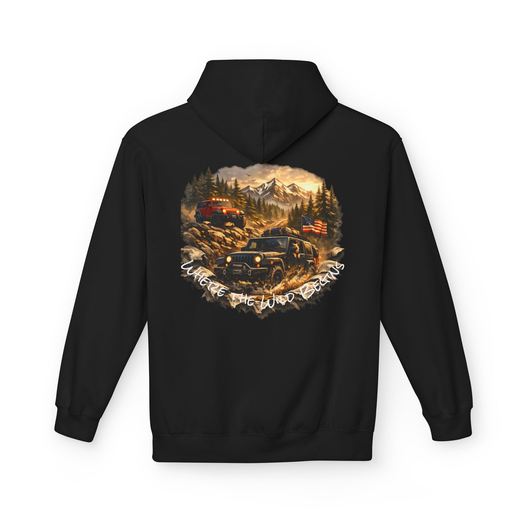 Off‑Road Adventure Hoodie — Vintage Jeep Mountain Camp Graphic