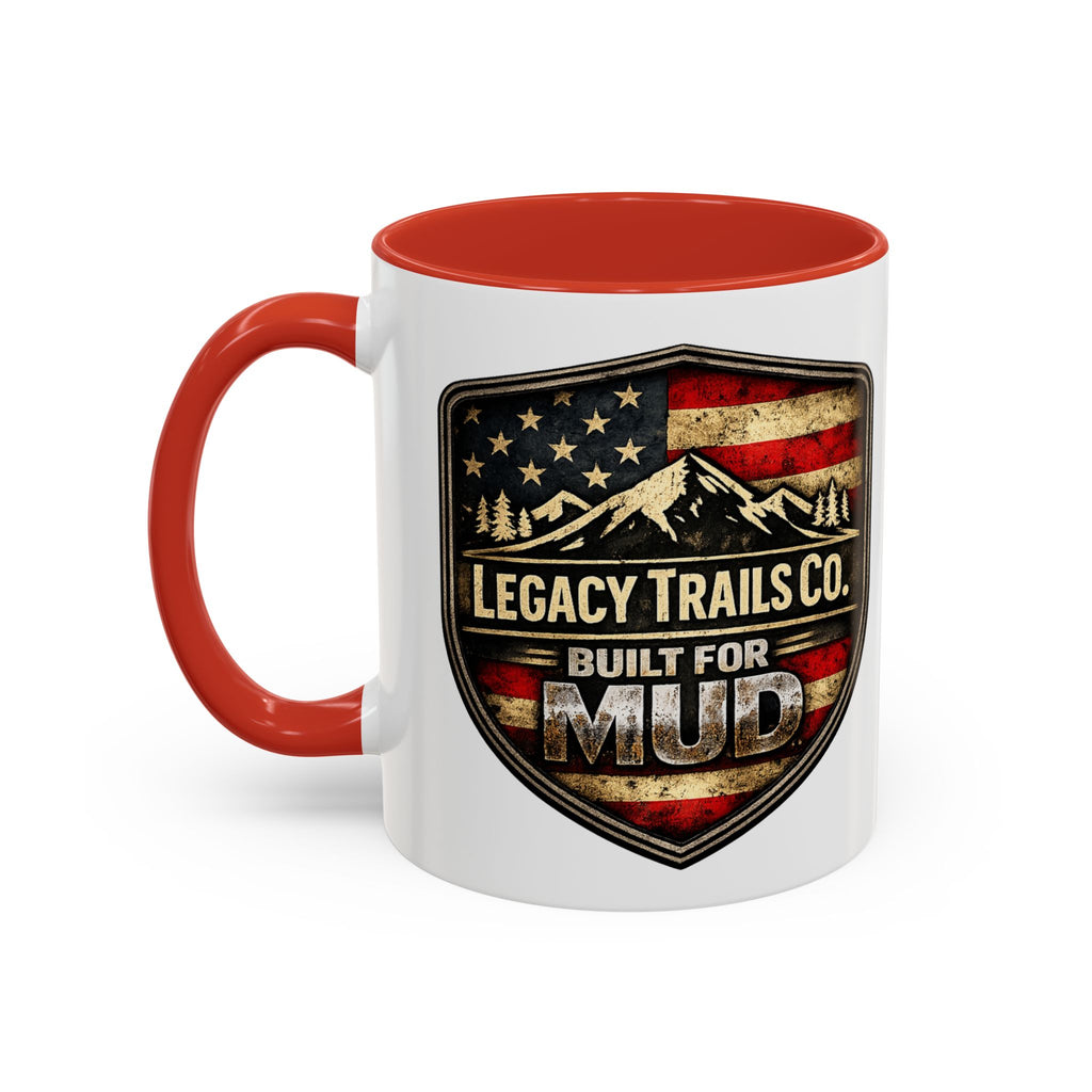 Built for Mud Coffee Mug — Legacy Trails Co. Vintage Off‑Road Flag Design