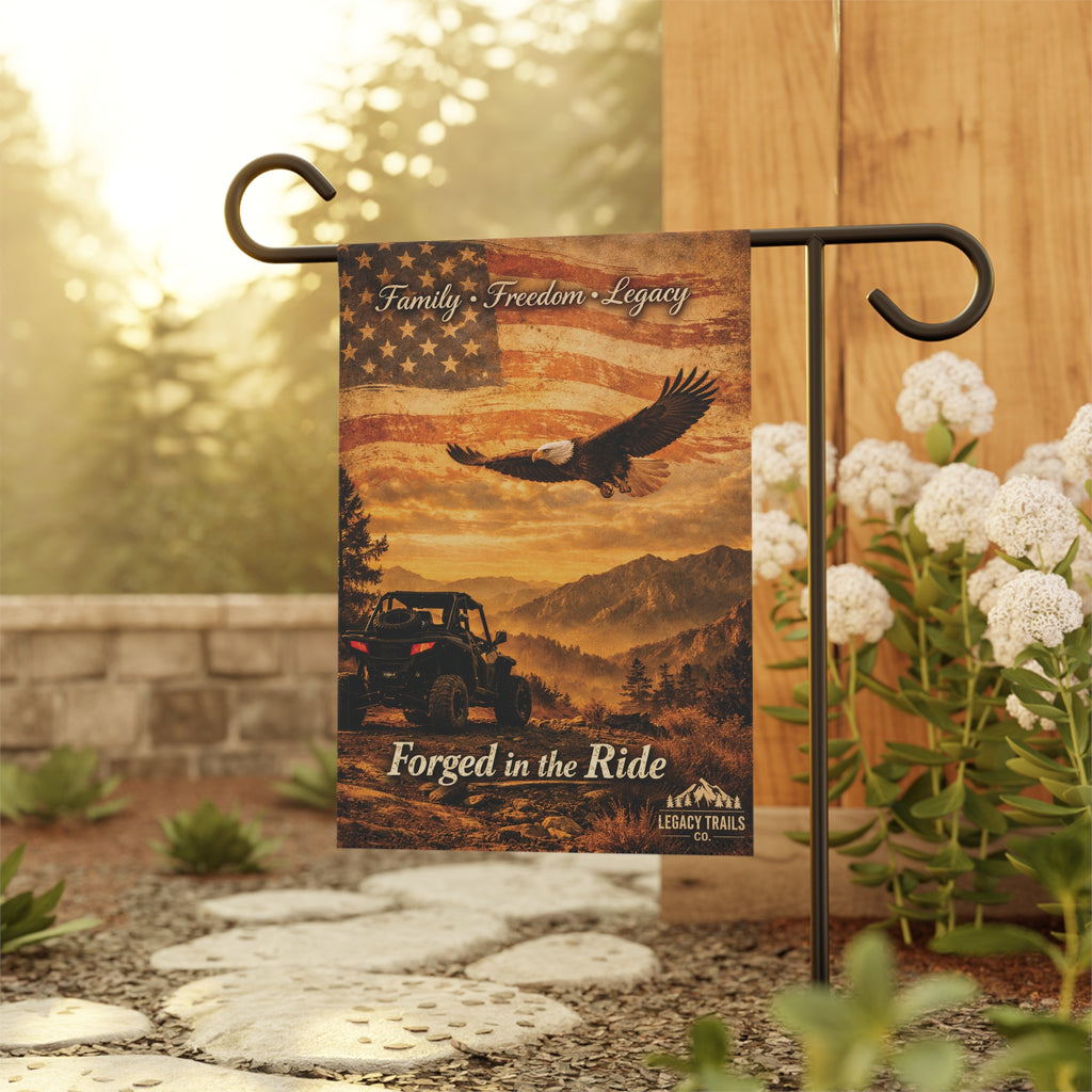 Patriotic Eagle Garden Flag – "Forged in the Ride" Outdoor House Banner