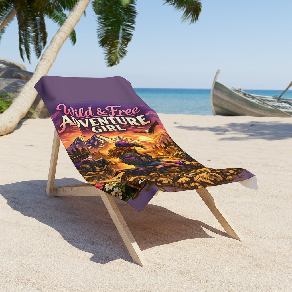 Wild & Free Adventure Girl Beach Towel — Purple Motorcycle Travel Vibe