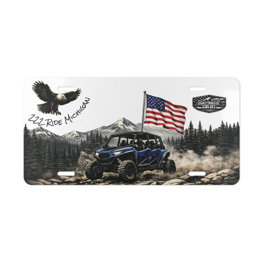 American UTV License Plate – Off-Road RZR with Flag, Mountains & Eagle Vanity Plate