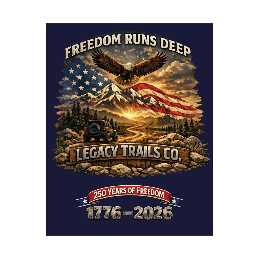 Freedom Runs Deep Matte Poster — "Legacy Trails Co. 1776–2026" Patriotic Wall Art
