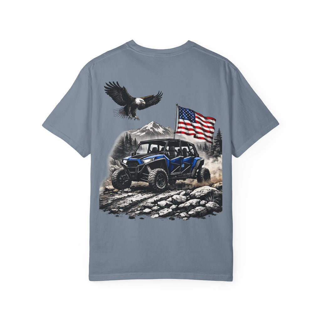 Off-Road UTV T-Shirt — Blue Ranger with American Flag & Eagle