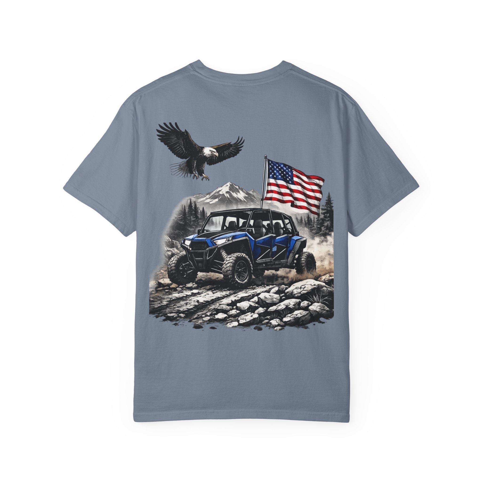 Off-Road UTV T-Shirt — Blue Ranger with American Flag & Eagle