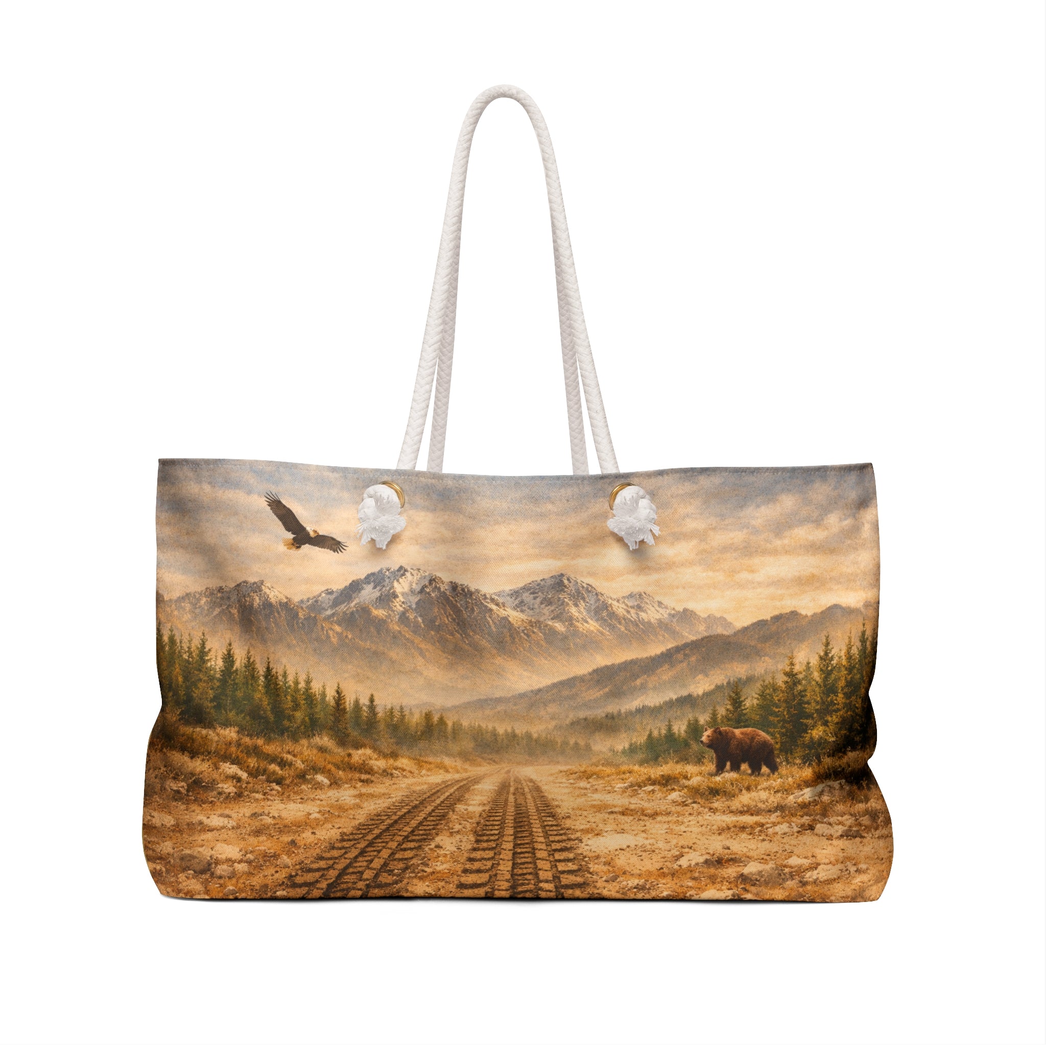 Mountain Wilderness Weekender Bag — Scenic Train Tracks, Eagle & Bear Travel Tote