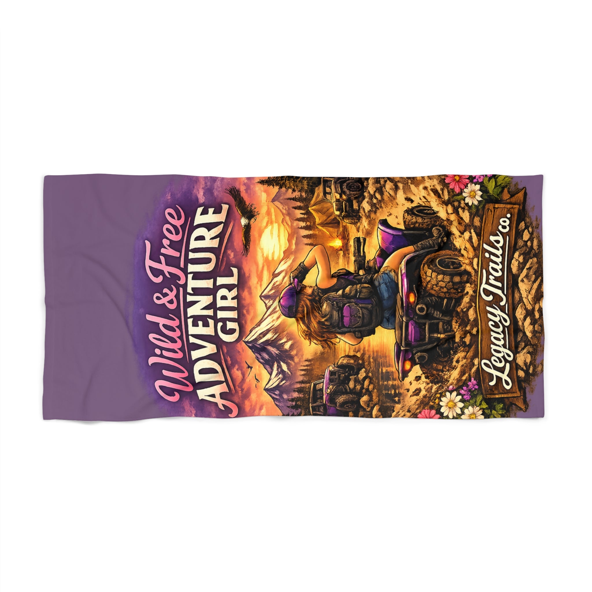 Wild & Free Adventure Girl Beach Towel — Purple Motorcycle Travel Vibe