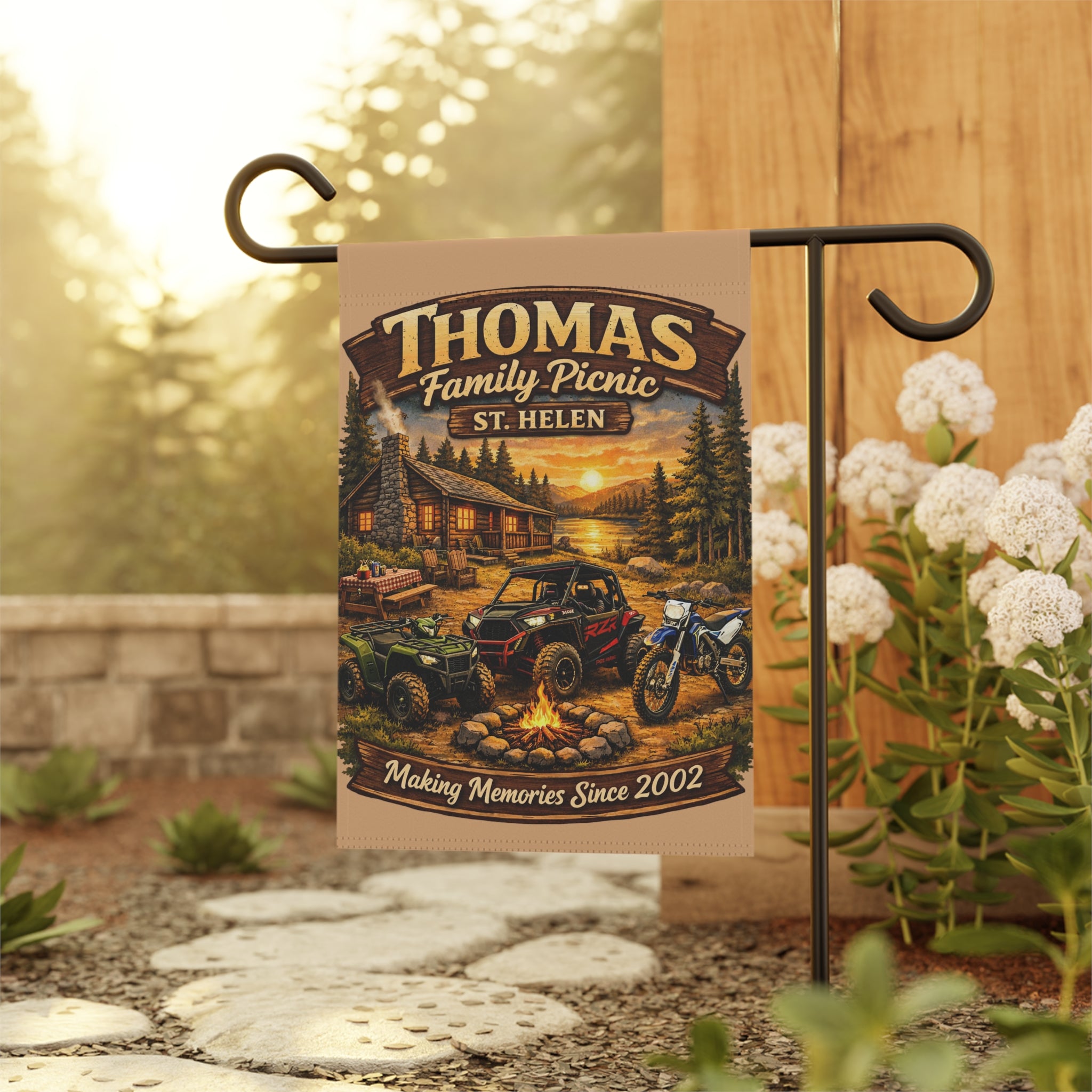 Garden Flag — Personalized "Thomas Family Picnic: Making Memories Since 2002" Rustic Cabin Off-Road Design