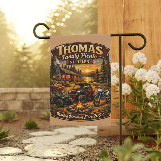 Garden Flag — Personalized "Thomas Family Picnic: Making Memories Since 2002" Rustic Cabin Off-Road Design