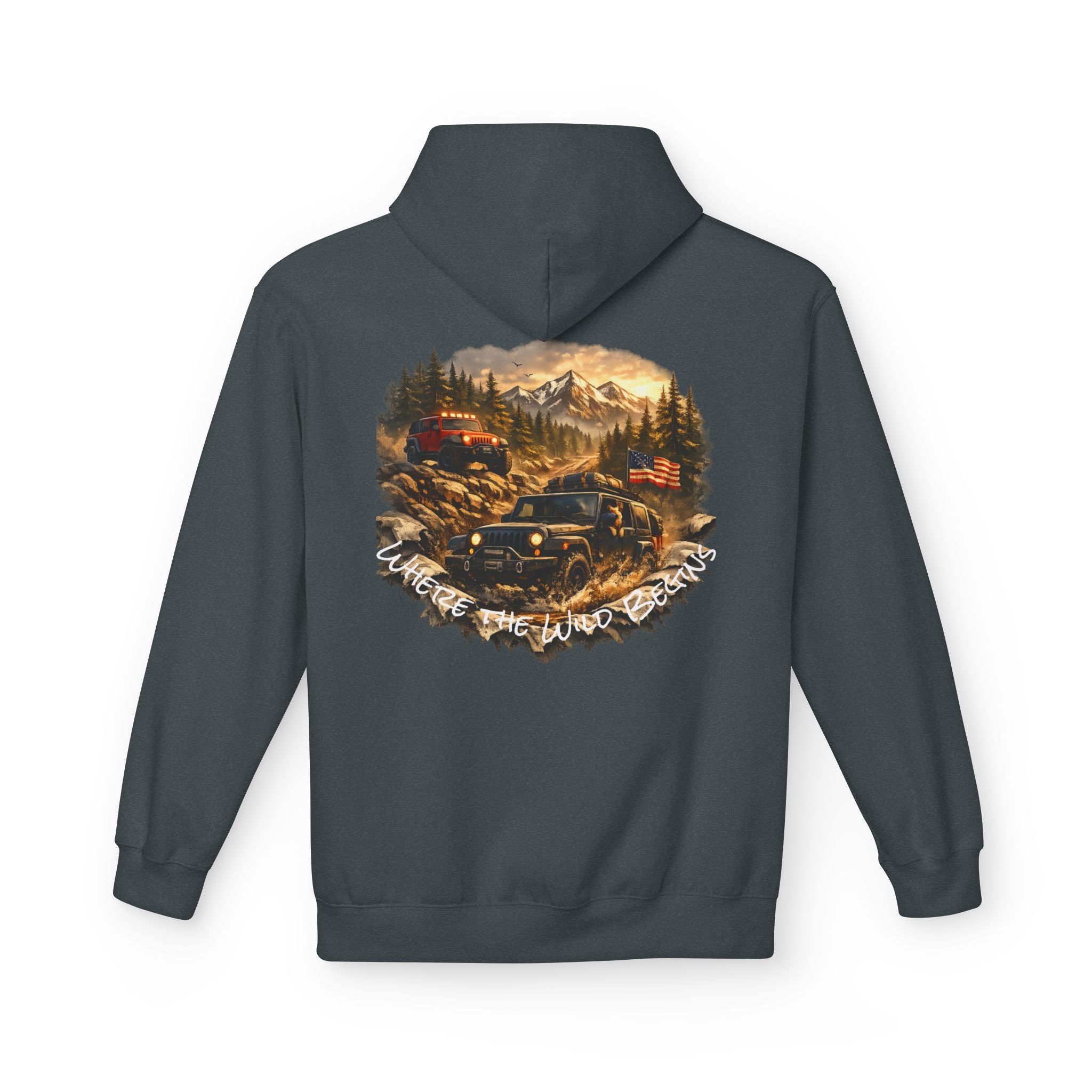 Off‑Road Adventure Hoodie — Vintage Jeep Mountain Camp Graphic