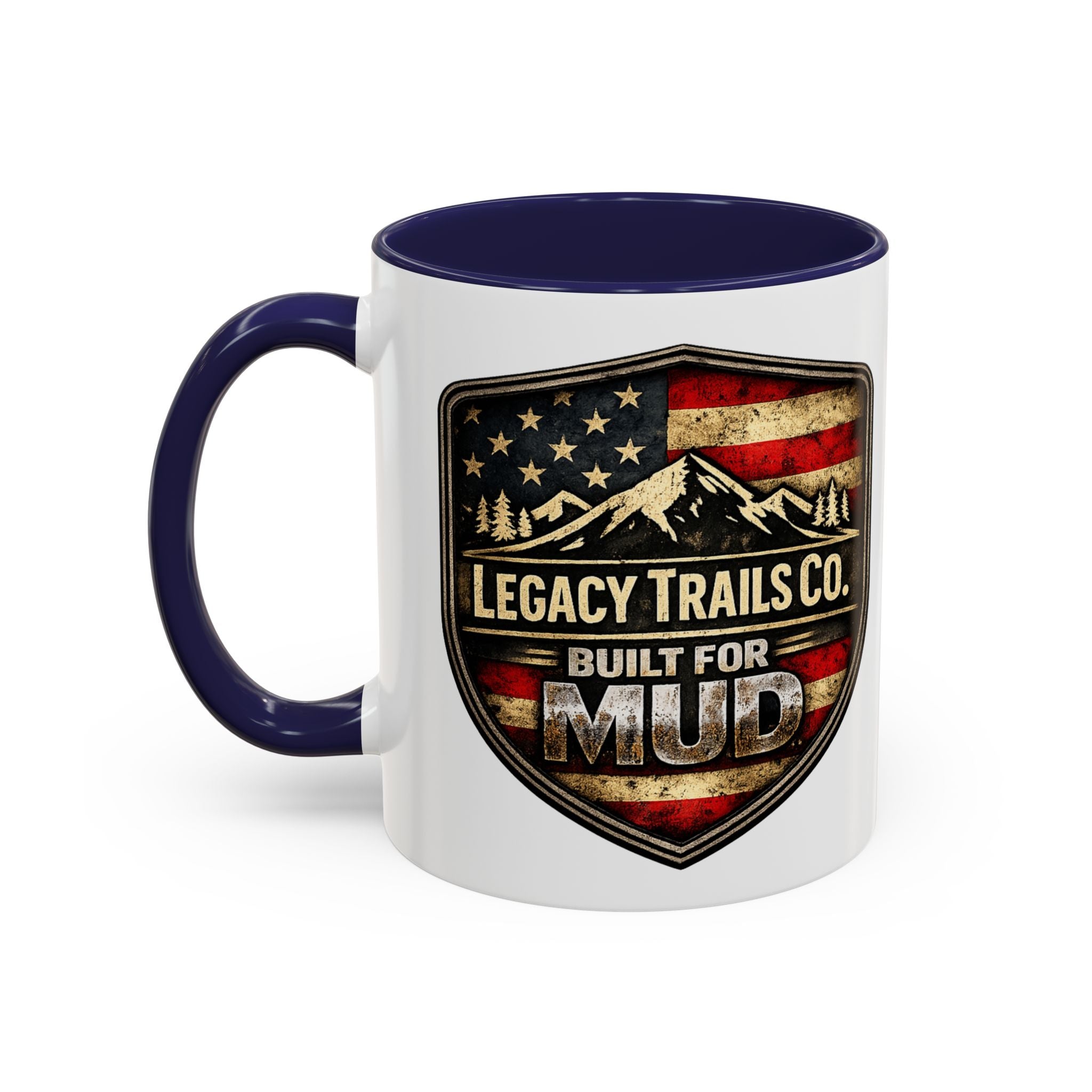 Built for Mud Coffee Mug — Legacy Trails Co. Vintage Off‑Road Flag Design