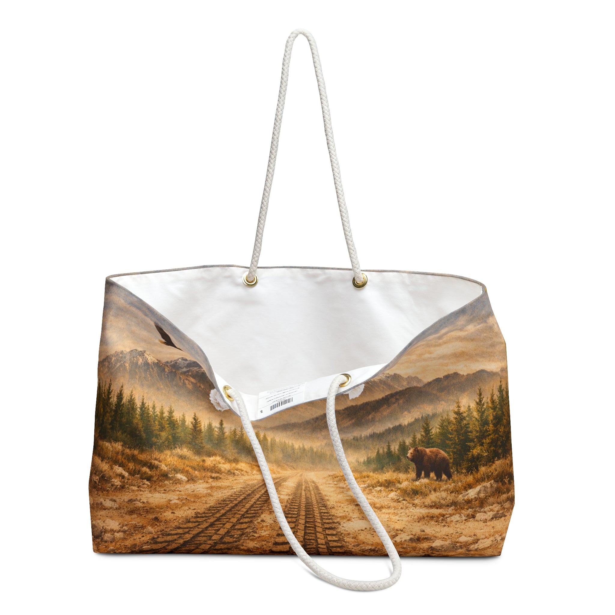 Mountain Wilderness Weekender Bag — Scenic Train Tracks, Eagle & Bear Travel Tote