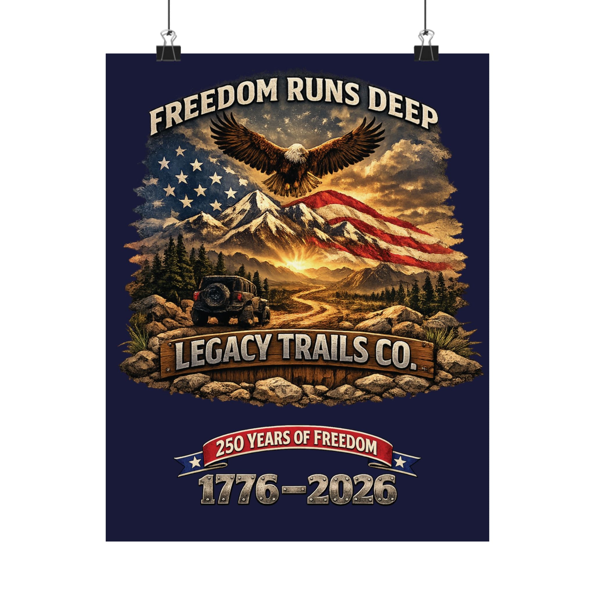 Freedom Runs Deep Matte Poster — "Legacy Trails Co. 1776–2026" Patriotic Wall Art