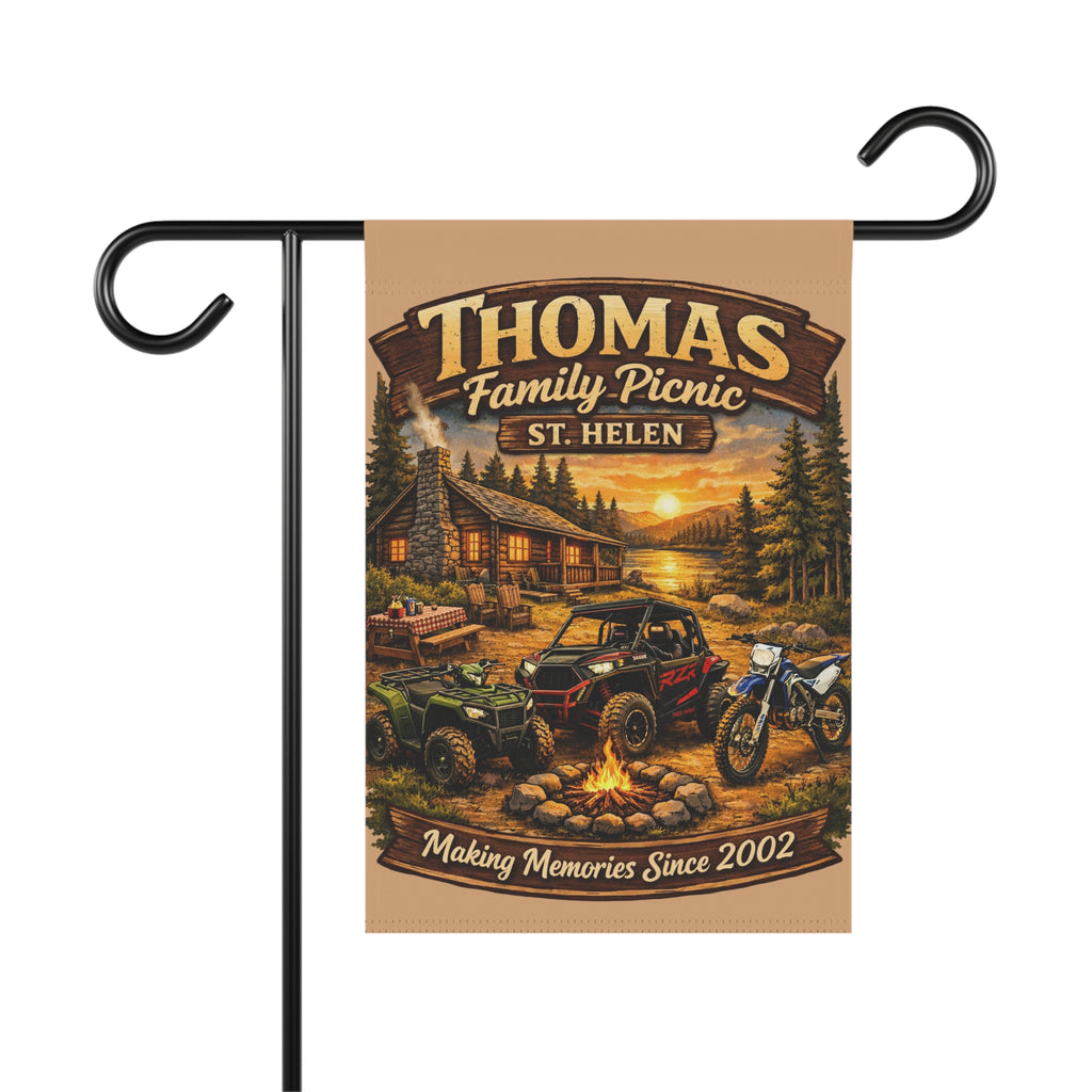Garden Flag — Personalized "Thomas Family Picnic: Making Memories Since 2002" Rustic Cabin Off-Road Design