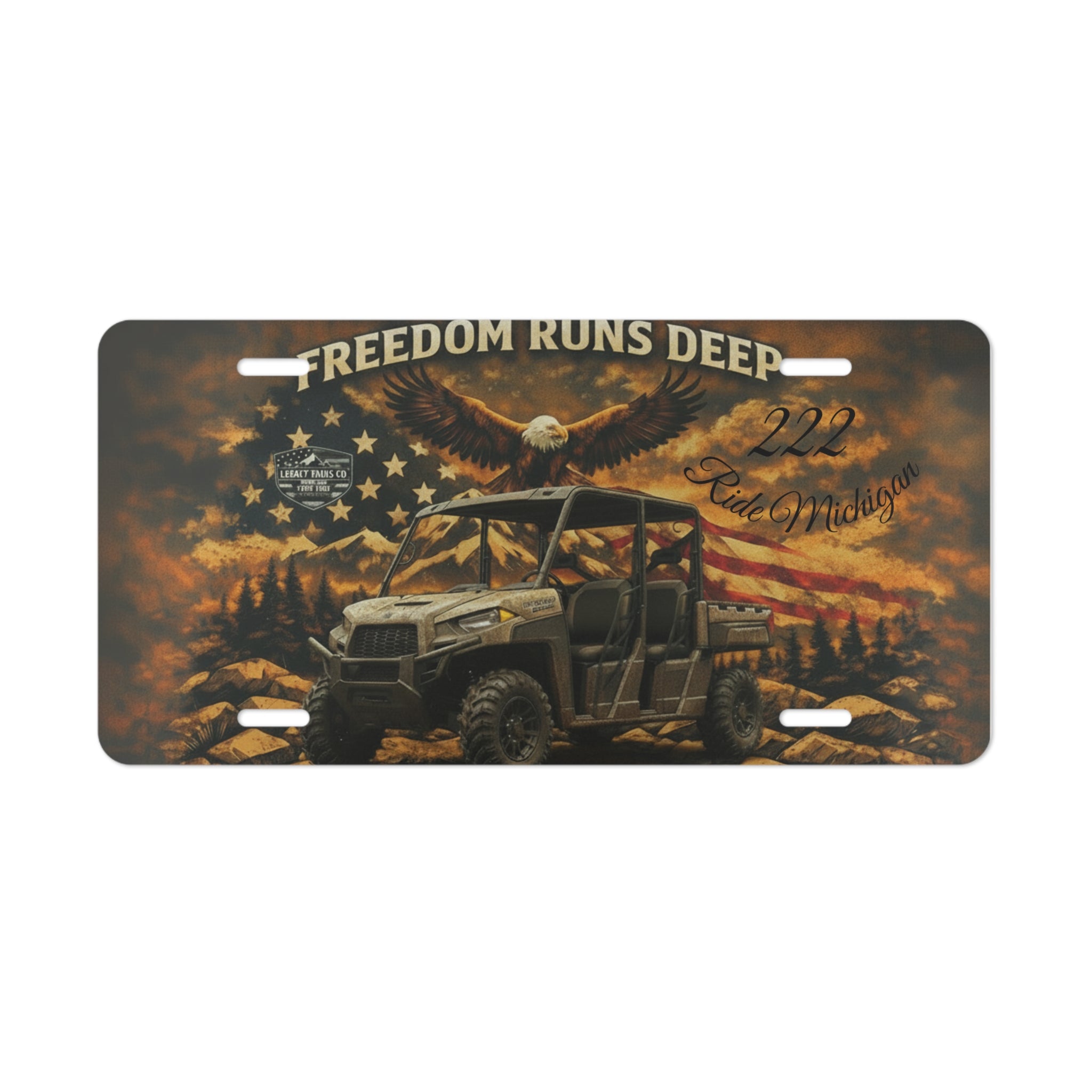 Vanity Plate: "Freedom Runs Deep" UTV License Plate with Bald Eagle & American Flag