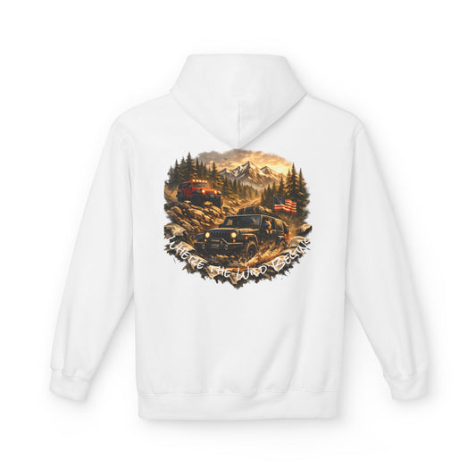 Off‑Road Adventure Hoodie — Vintage Jeep Mountain Camp Graphic