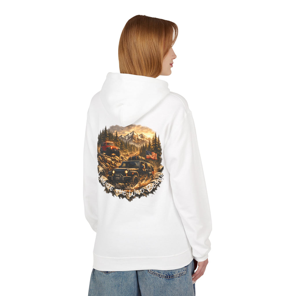 Off‑Road Adventure Hoodie — Vintage Jeep Mountain Camp Graphic