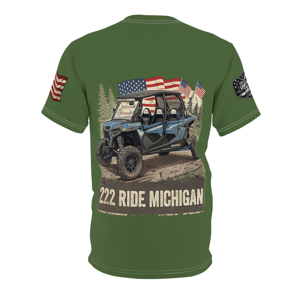 Military Green 'Ride Michigan' Tee with Flag Sleeve — 222 Motorcycle Club Shirt