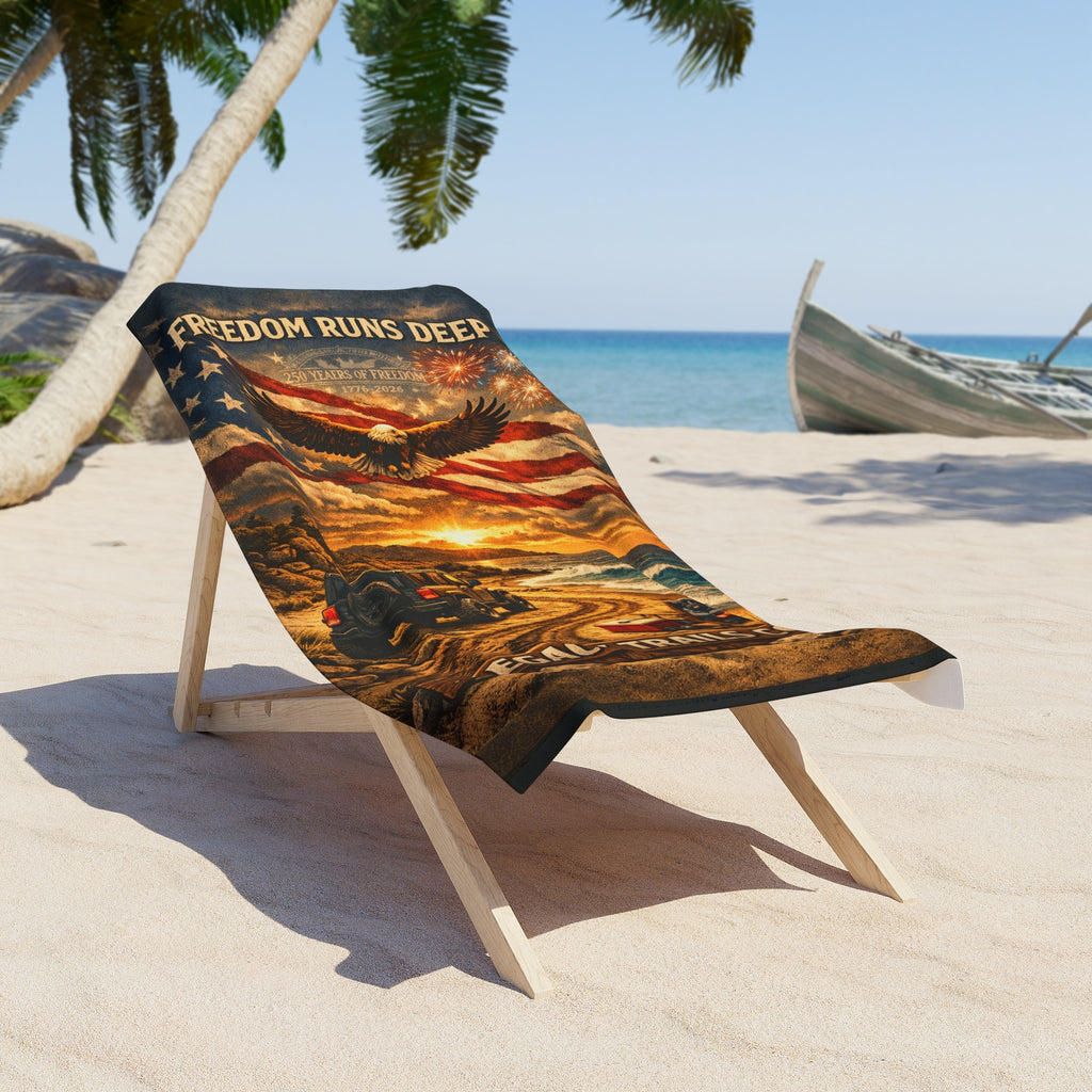 American Flag Eagle Beach Towel – "Freedom Runs Deep" Patriotic Sunset Beach Towel