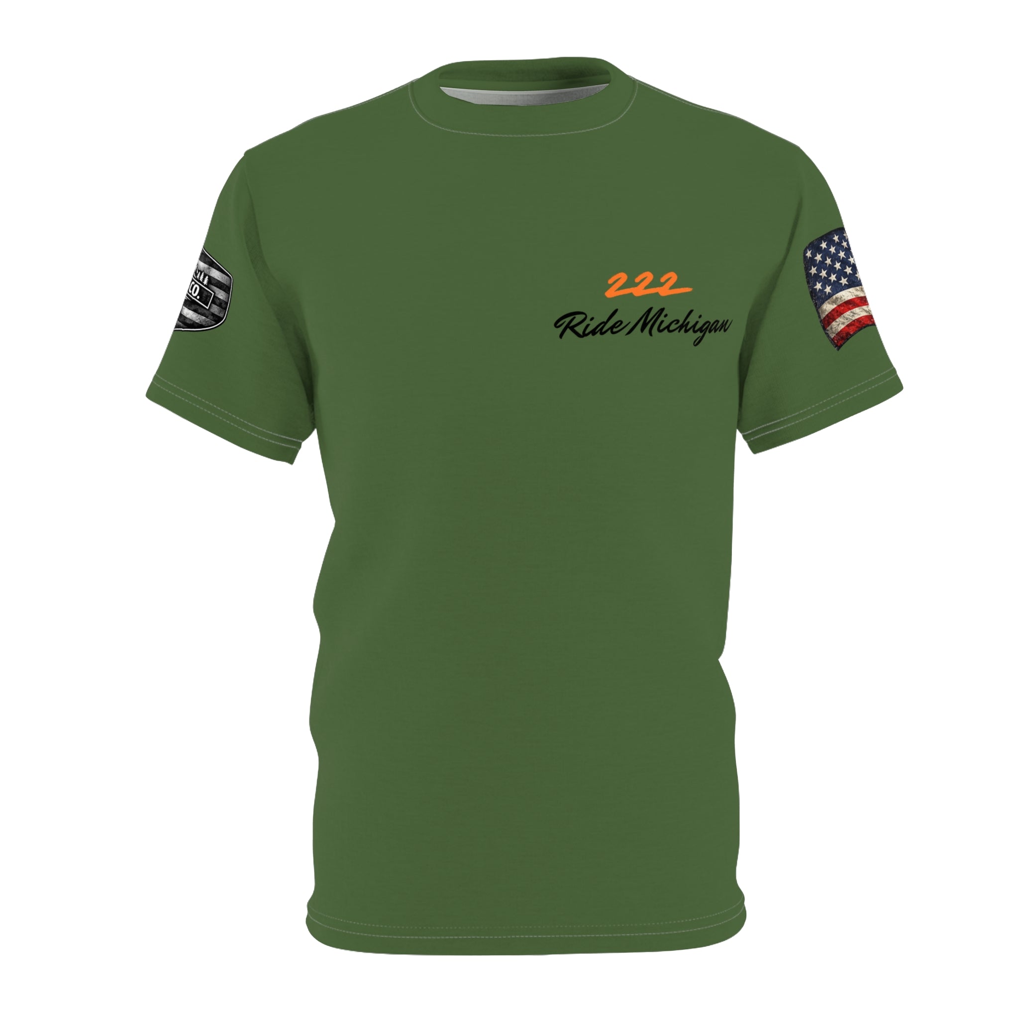 Military Green 'Ride Michigan' Tee with Flag Sleeve — 222 Motorcycle Club Shirt