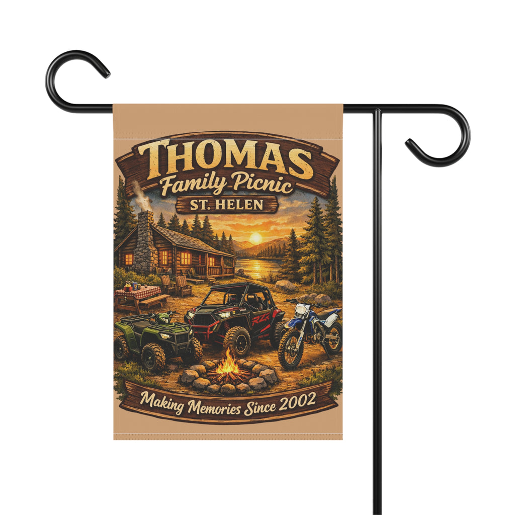 Garden Flag — Personalized "Thomas Family Picnic: Making Memories Since 2002" Rustic Cabin Off-Road Design