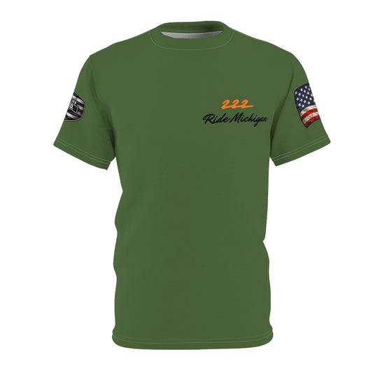Military Green 'Ride Michigan' Tee with Flag Sleeve — 222 Motorcycle Club Shirt