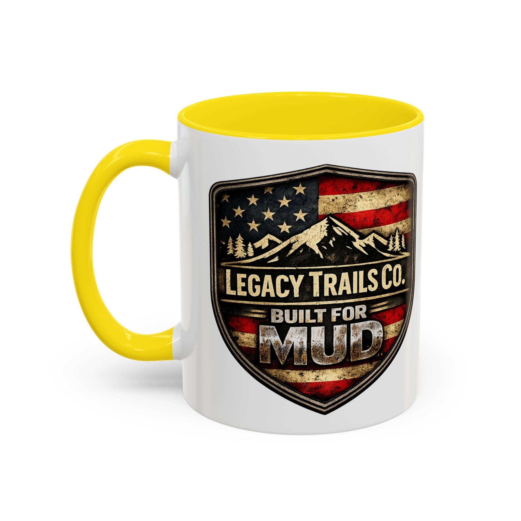 Built for Mud Coffee Mug — Legacy Trails Co. Vintage Off‑Road Flag Design