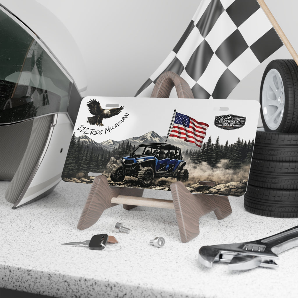 American UTV License Plate – Off-Road RZR with Flag, Mountains & Eagle Vanity Plate