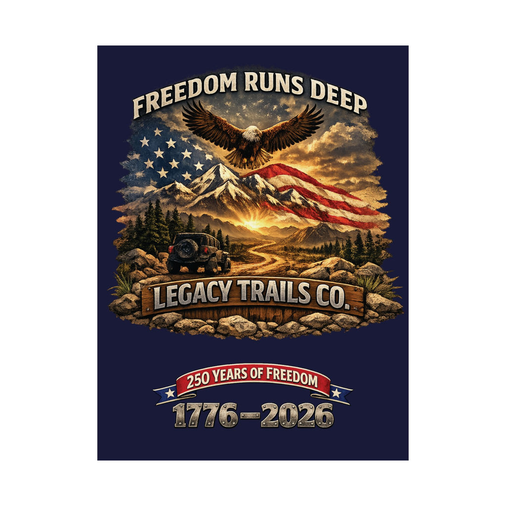 Freedom Runs Deep Matte Poster — "Legacy Trails Co. 1776–2026" Patriotic Wall Art