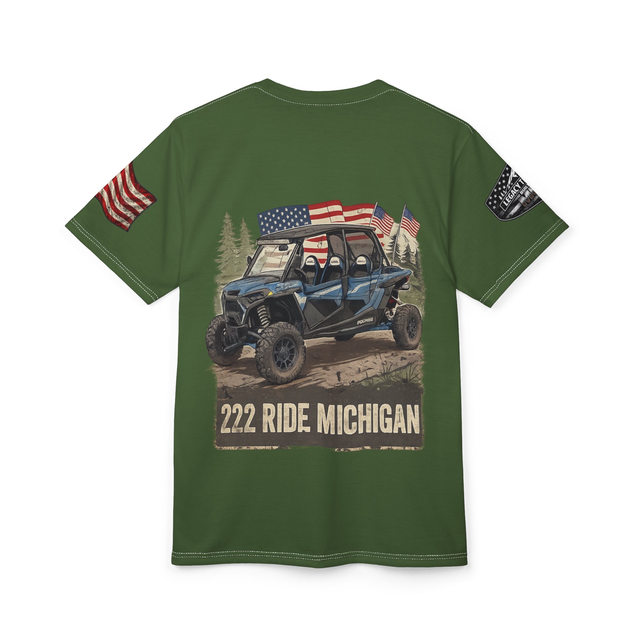 Military Green 'Ride Michigan' Tee with Flag Sleeve — 222 Motorcycle Club Shirt