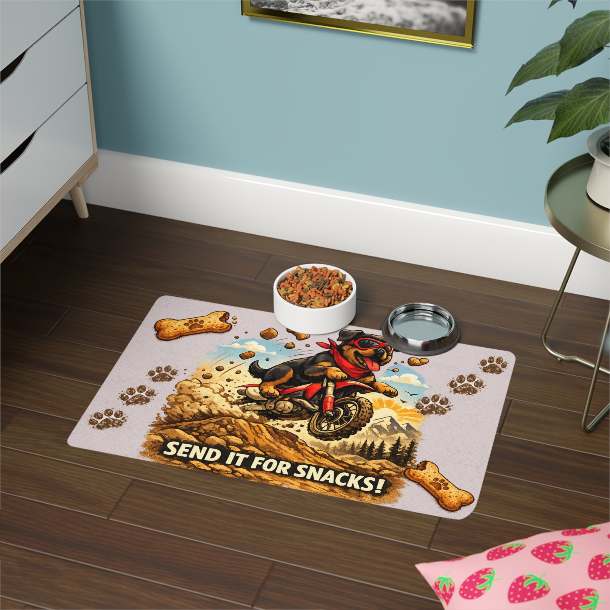 Pet Food Mat - 'Send It for Snacks!' Dog Motocross Feeding Mat (12x18)