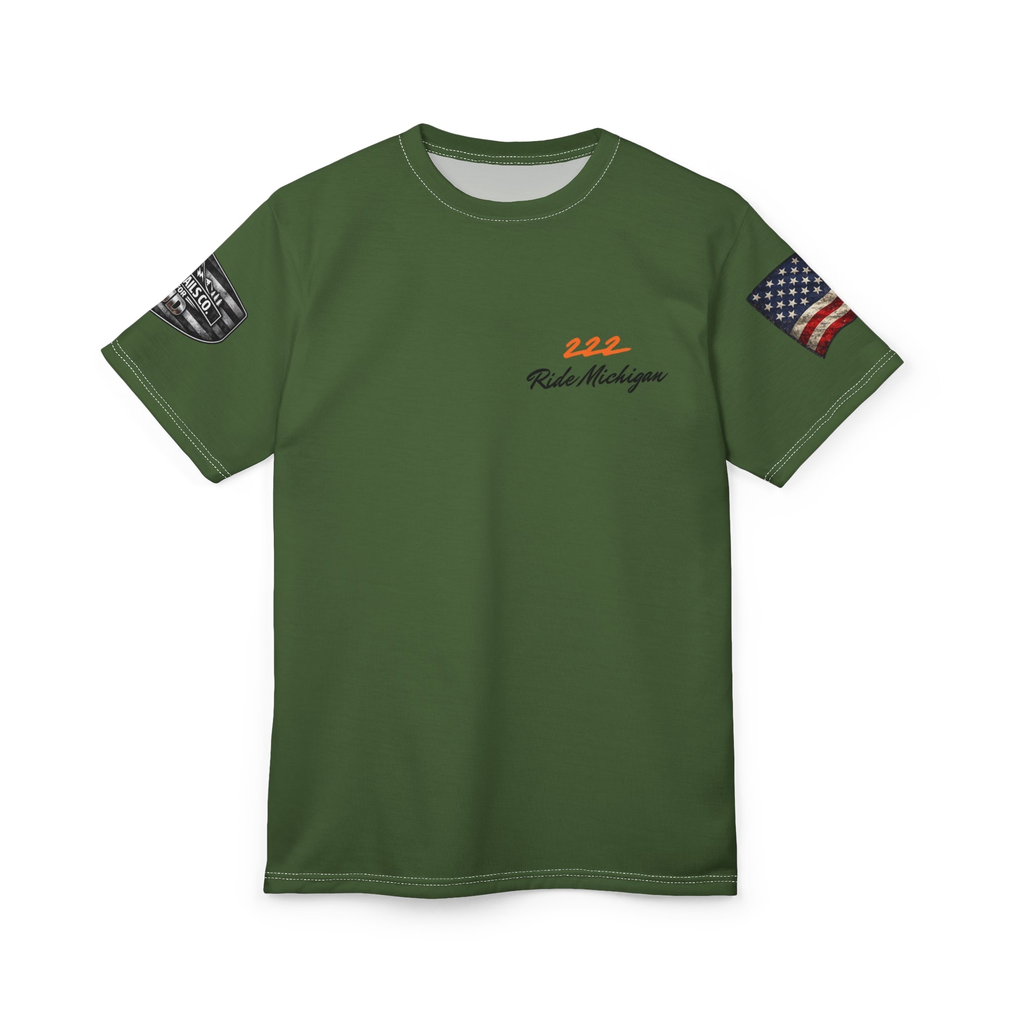 Military Green 'Ride Michigan' Tee with Flag Sleeve — 222 Motorcycle Club Shirt