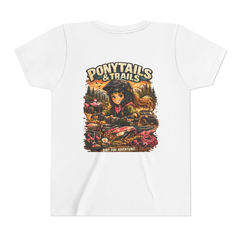 Ponytails & Trails Youth Tee — Cute Outdoor Adventure Graphic T-Shirt