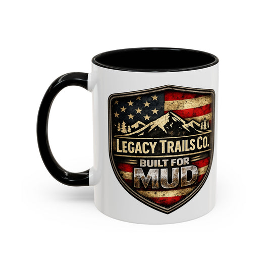 Built for Mud Coffee Mug — Legacy Trails Co. Vintage Off‑Road Flag Design