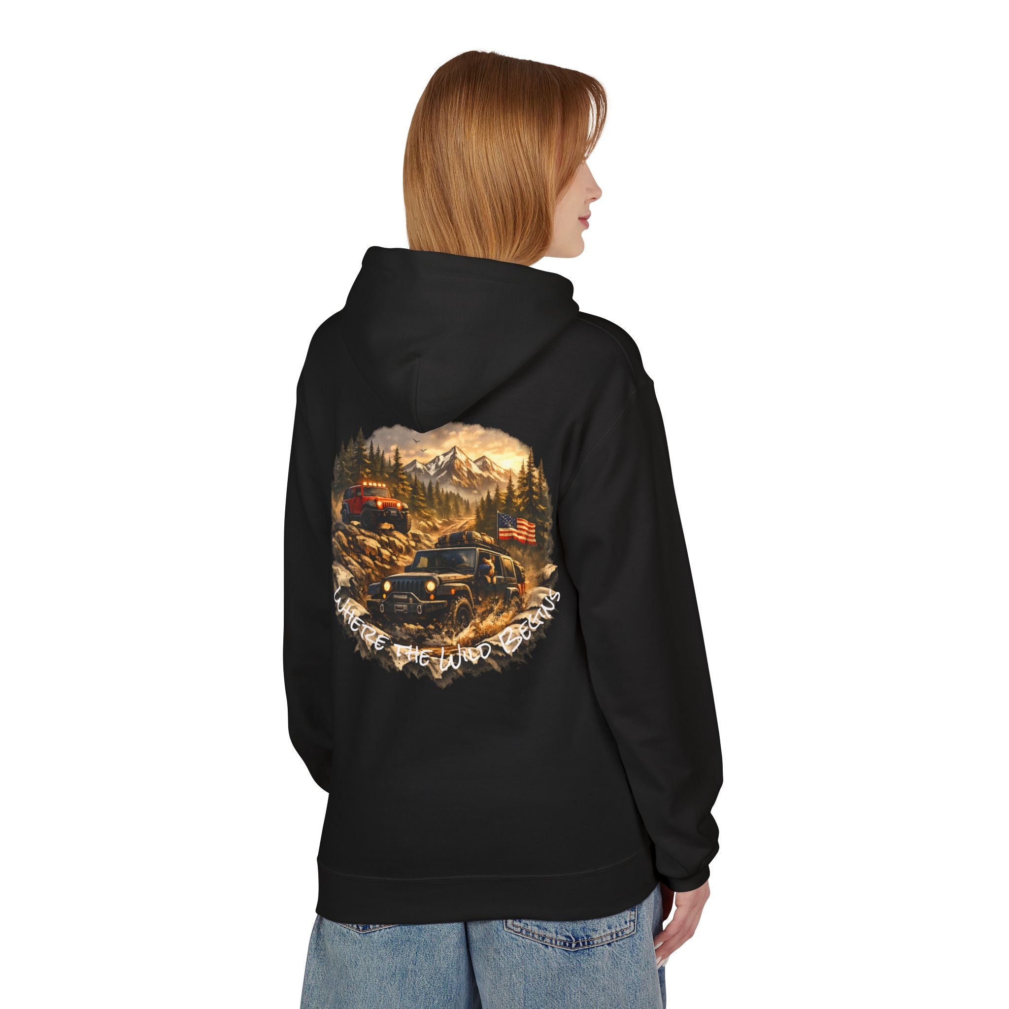 Off‑Road Adventure Hoodie — Vintage Jeep Mountain Camp Graphic